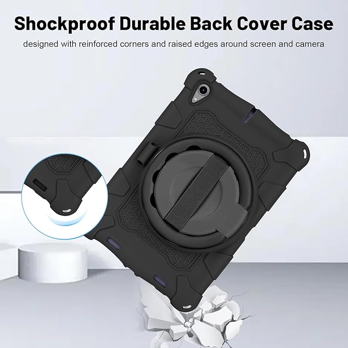 Dteck for iPad mini A17 Pro/iPad mini 6th Generation Back Cover 8.3" 2024/2021 Release, Durable Lightweight Silicone Case with Rotate Kickstand/Handle, Shoulder Strap/Screen Protector Included, Black