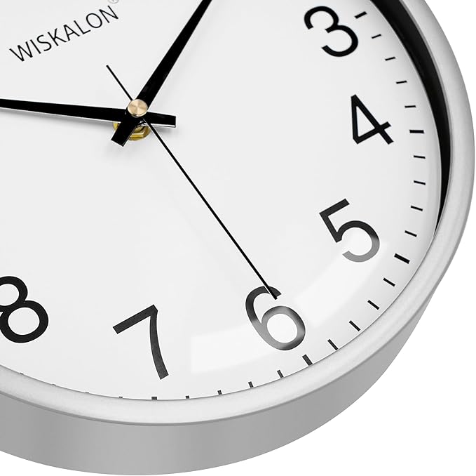 WISKALON 10 Inch Wall Clock, Silent Non-Ticking Round Silver Frame Clock with Glass, Battery Operated, Easy to Read for Home/Office/School