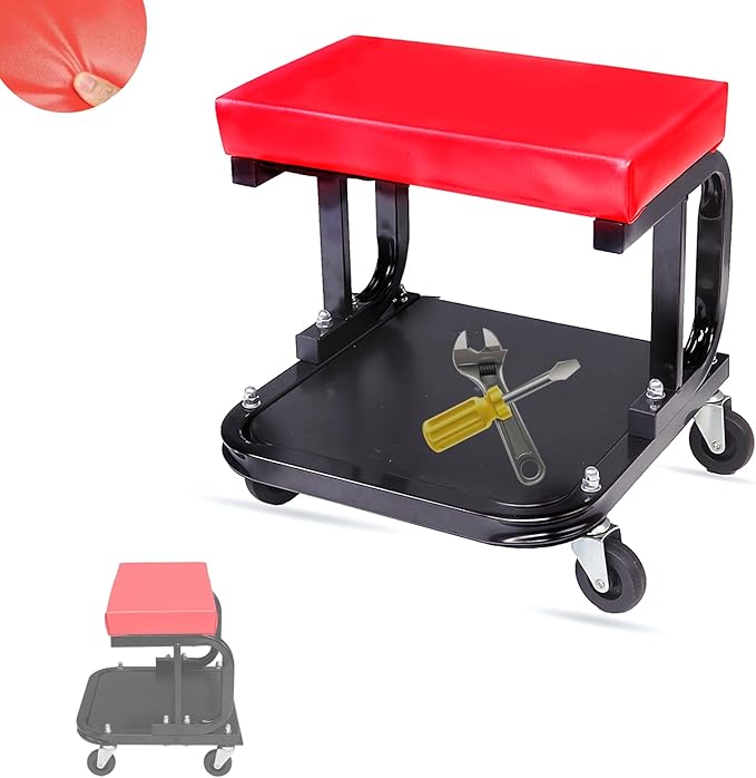 Mechanics Roller Seat, 300 LBS Capacity Rolling Creeper Garage Padded Rolling Workshop Stool with Tool Tray Storage Creeper Seat Mechanic Stool with Wheels Creepers Automotive