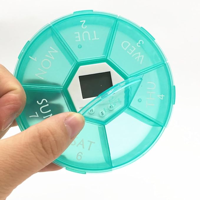 7-Compartment Electronic Alarm Pill Box, Portable Medication Reminder Organizer for Patients, Green Weekly Pill Container with Timer for Daily Medicine Management