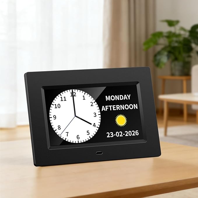 7 Inch Digital Calendar Clock for Seniors, Extra Large Display with Non-Abbreviated Day & Month, Auto-Dimming & Medication Reminders for Vision Impaired (Black)