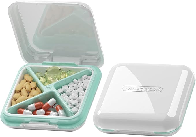 DUBSTAR Small Pill Box for Purse, Moisture Waterproof Travel Pill Case with 4 Compartments, Daily Pill Organizer for Vitamins & Medication (S-White)
