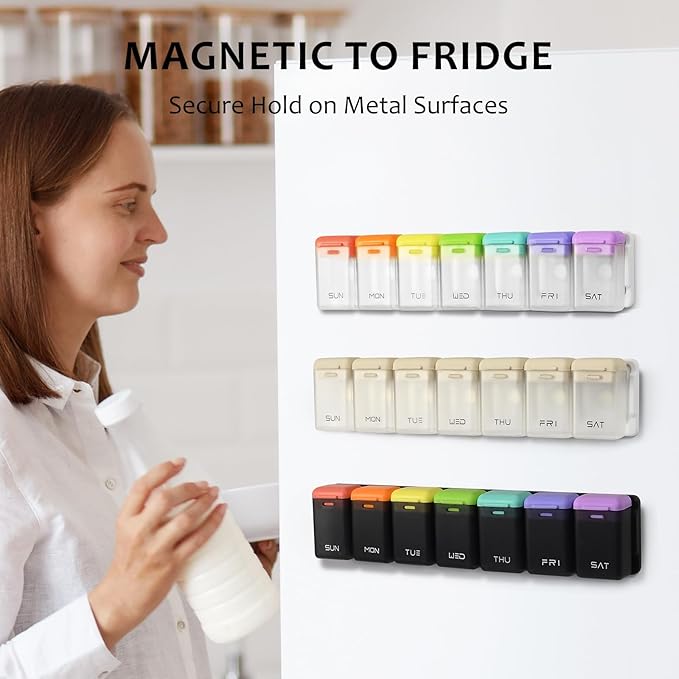 Fridge Magnetic Weekly Pill Organizer, Easy Open Daily Reminder Waterproof Pill Box for Vitamins, Travel & Daily Use (Black)