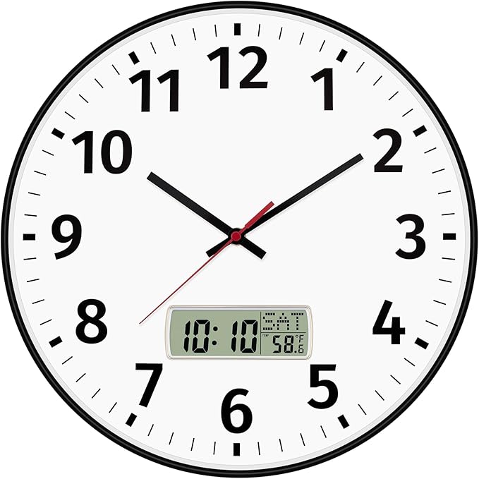 Foxtop 14 Inch Digital Wall Clock with Time, Day of Week and Temperature, Silent Non-Ticking Battery Operated Round Digital and Analog Black Wall Clock for Office Classroom Bedroom Home School