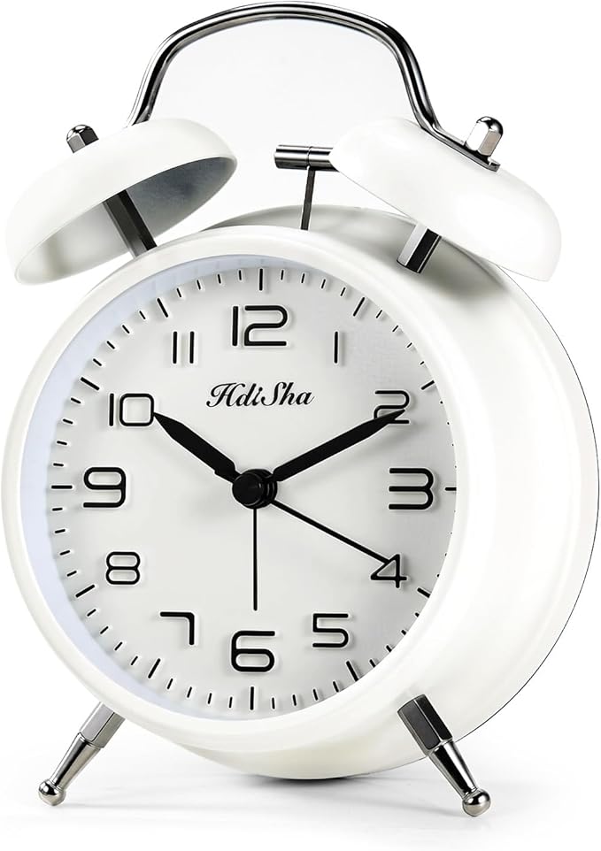 Loud Alarm Clock for Heavy Sleepers, 6 inch Battery Operated Twin Bell Alarm Clock with Night Light, Silent Non Ticking Analog Small Clock Decor for Bedroom, Bedside, Living Room