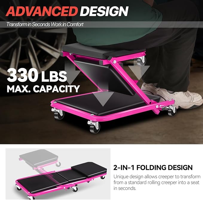 Foldable Creeper, 2-in-1 Rolling Garage Z Creeper Car & Seat, 36" Roller Mechanics Under Car Chair, 330 LBS Weight Capacity Heavy Duty, Rose Pink