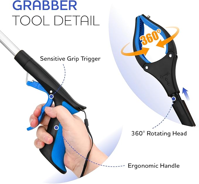 32" Grabber Reacher Tool, 2-Pack Foldable Reacher Grabber Pickup Tool with Buckle and Rope and with 360° Rotating Jaw & Magnet, Lightweight Grabbers for Seniors Heavy Duty(Blue)