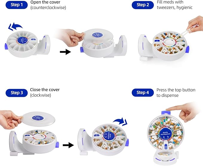 Standing Daily Pill Dispenser 14-Day Organizer - One-Touch Button with Child Lock,Weekly Pill Organizer Vitamin Medicine Case with Tweezer for Seniors, Caregivers, Adults