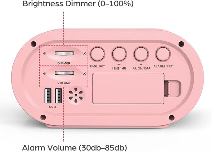 REACHER Pink Girls Alarm Clock, Dimmable Colorful LED Digital Display, USB Phone Charger Port, Simple Operation for Kids, Adults, Adjustable Volume, Snooze, Small Size for Bedrooms, Bedside, Desk