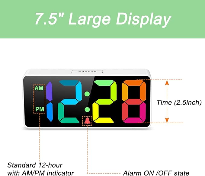 Welgo 7.5 Inches Large Digital Alarm Clock for Seniors & Kids, 0-100% Dimmable Display, USB Charging Port, Adjustable Volume, Easy Operation, Snooze, Outlet Powered for Bedroom
