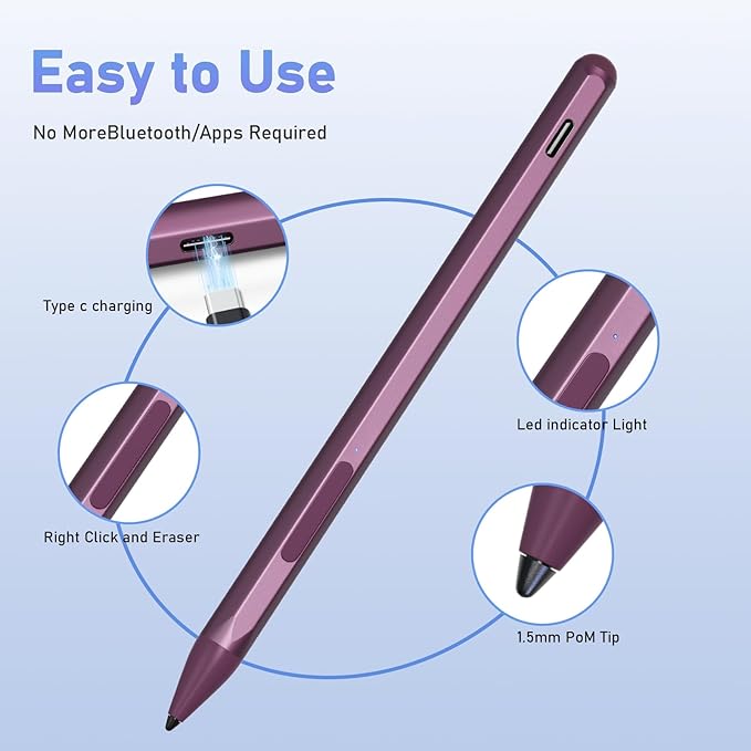 Stylus Pen for HP Envy X360 Pavilion X360 Specter X360 Spectre X2 Envy X2 Rechargeable MPP 2.0 Tilt Active Pen with 4096 Pressure Sensitivity, Palm Rejection, Tpye-c Charge, Red