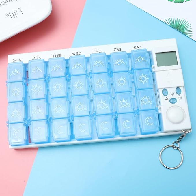 Fomiyes 7 Day Timed Medicine Box with Alarm Reminder 28 Grids Compartments Removable Timer Backlight Weekly Pill Organizer for Vitamins and Pills 7.48 * 4.13 * 0.98inch