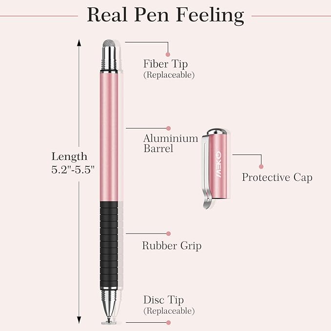 MEKO Stylus Pens for Touch Screens, 2 in 1 Universal Disc Stylus Pens for iPhone, iPad and All Capacitive Cell Phones, Tablets, Laptops Bundle with 6 Replacement Tips - (2 Pcs, White/Rose Gold)