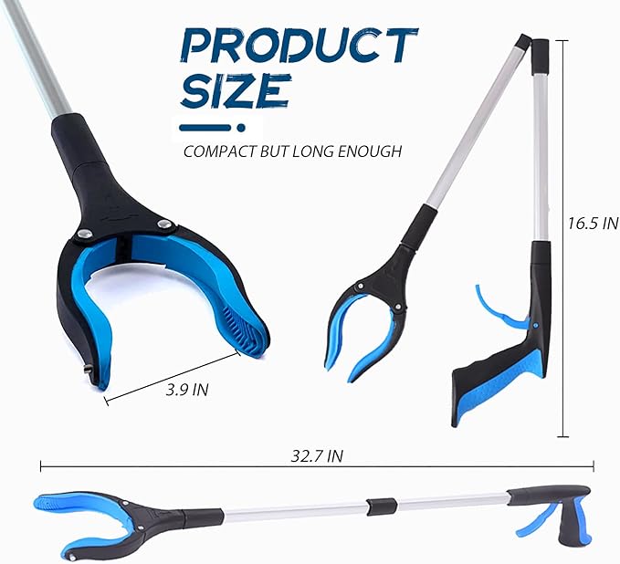 2 Pack Grabber Reacher Tool, 32'' Reaching Assist Tool, Foldable Claw Pick Up Stick, Trash Litter Picker, Hand Grabbers, Long Arm Extender(Blue)