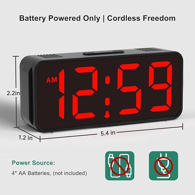 Peakeep Small Battery Powered Digital Alarm Clocks for Bedrooms Bedside, Cordless Tiny Travel Portable Desk Clock, Large Numbers Auto Dimmable, LED Display 4 Dimmers, 5 Alarm Volumes