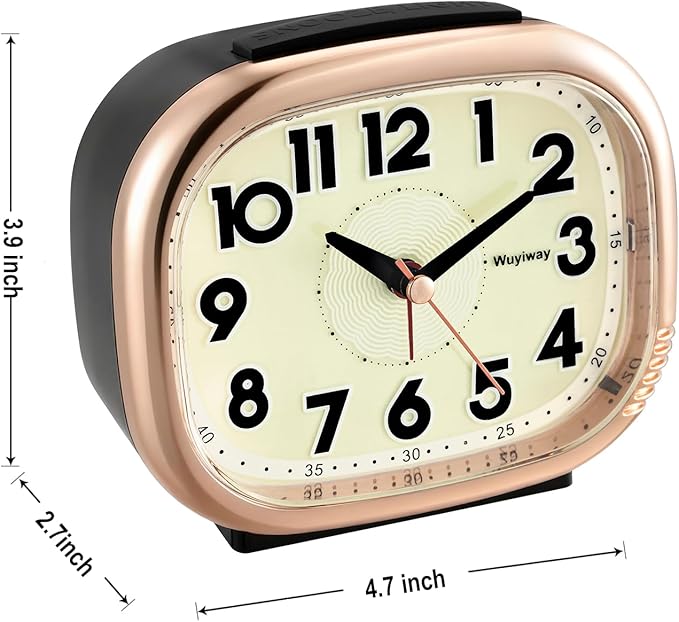 Vintage Retro Analog Alarm Clock, Battery Operated, Silent No Ticking, Glow in Dark Dial, Lighted on Demand and Snooze, Black, 4.7" x 3.9" x 2.7"