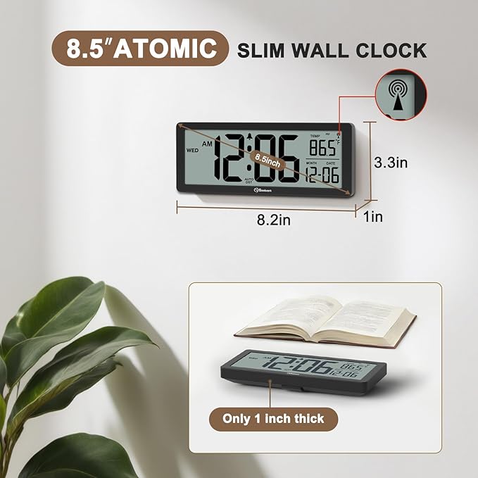 Soobest 8.5" Atomic Digital Wall Clock, Never Needs Setting, Auto Time Sync, Accurate & Easy to Use Clock with Backlight, Battery Operated, Temperature, Date, Auto DST, 4 Time Zones