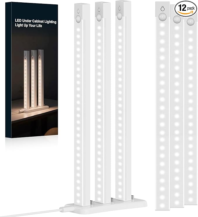 12-Pack 12-Inch Under Cabinet Lighting with 2 charging station Rechargeable Motion Sensor Light Indoor 3 Color Dimmable Closet Light,USB Stick LED Magnetic Under Counter Lights for Kitchen Stair