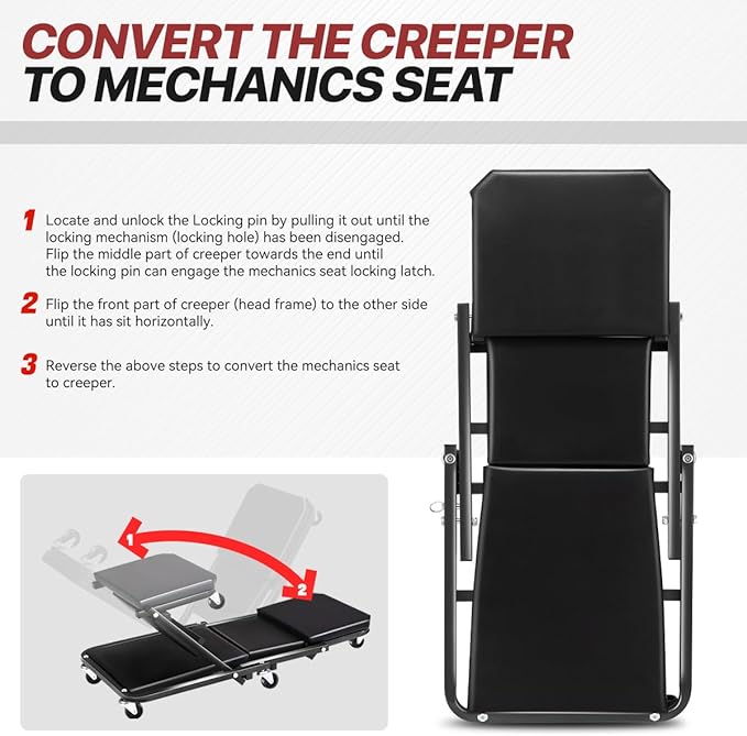 Foldable Creeper, 2-in-1 Rolling Garage Z Creeper Car & Seat, 36" Roller Mechanics Under Car Chair, 330 LBS Weight Capacity Heavy Duty, Black