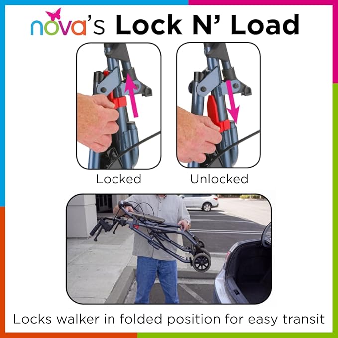 NOVA GetGo Petite Narrow Rollator Walker for Seniors, Lightweight Folding Rolling Walker with Seat, Lock N Load for Easy Transport & Storage, Adjustable Fit 4'10"–5'4", Red