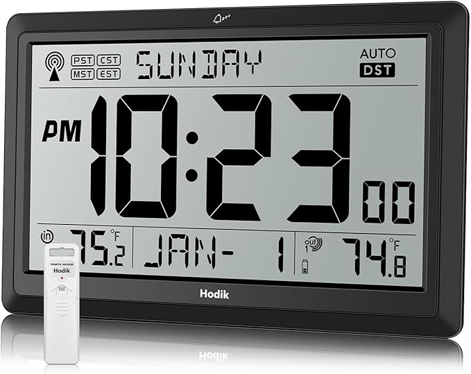 HODIK Wall Clock Atomic with Indoor Outdoor Temperature Battery Powered, Easy Reading with 10.5 Inch LCD Display, 330FT Range Table Wall Clock with DST, 12/24 Hour for Living Room Kicthen (Black)