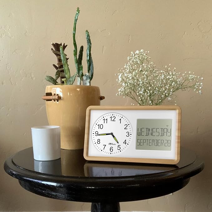 Atomic 10” Clock Combines Analog Time and Digital Display for Day and Date - Battery Powered Soft Display - White with Woodgrain Accent Frame