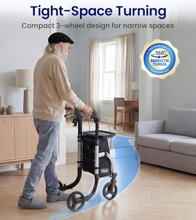 VOCIC 3 Wheel Walkers for Seniors,Z25 Pro Foldable Rollator with 8" Airless Tires & Non-Slip Tray, Cane Holder & Cup Holder, Lightweight Three Wheel Rolling Walker Height Adjustable, Supports 300 lbs