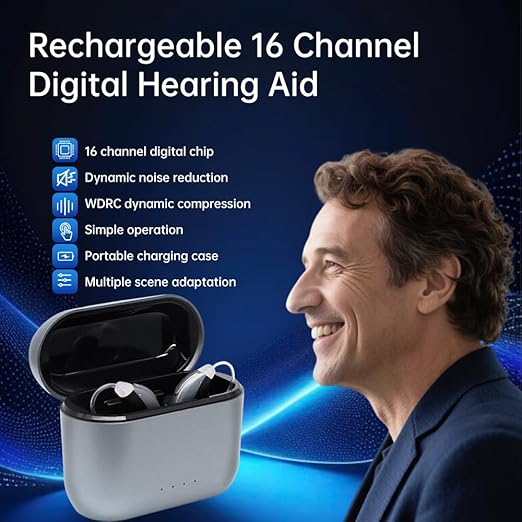16-Channel OTC Hearing Aids for Seniors & Adults – Rechargeable, Wireless, Comfort-Fit Design with Advanced Noise Cancellation for Clear Sound
