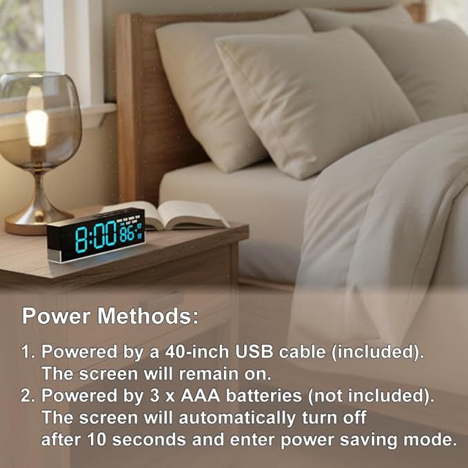 JENLYSTIME 7 Inch LED Digital Alarm Clock with Dual Alarms & Bottom Glow｜Displays Time, Date, Day, Temperature｜3-Level Auto/Manual Brightness, DST, USB or Battery Powered Modern Desk Clock (Blue)