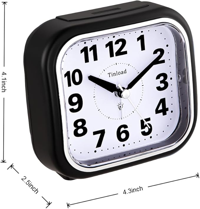 Tinload 4.3" No Ticking Analog Alarm Clock,Silent Readable for Seniors,Easy to Set,Gradual Rise Alarm,Big Numbers,On/Off Switch on Side,Gentle Wake,Snooze,Lighted on Demand,Battery Operated,Black