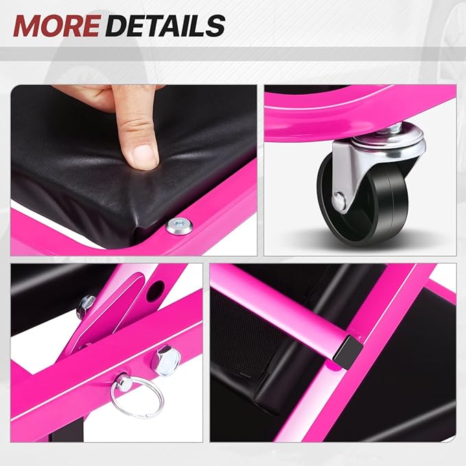 Foldable Creeper, 2-in-1 Rolling Garage Z Creeper Car & Seat, 36" Roller Mechanics Under Car Chair, 330 LBS Weight Capacity Heavy Duty, Rose Pink