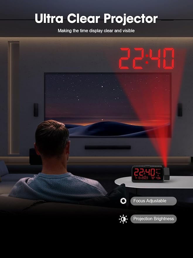 ROCAM Projection Clock for Bedroom, Digital Clock with 180° Projector on Ceiling with 5-Level Dimmer, Dual Loud Alarm Clock with Weekend/Weekday Mode, Date, Temp, Humidity, Night Light, Snooze