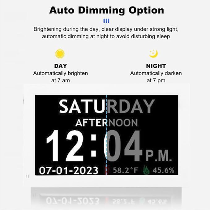 Zyyini 7 Inch Digital Clock for Elderly, Large Font Customizable Alarm Reminder with Day and Date Auto DST 12 Alarms Calendar Clock for Dementia