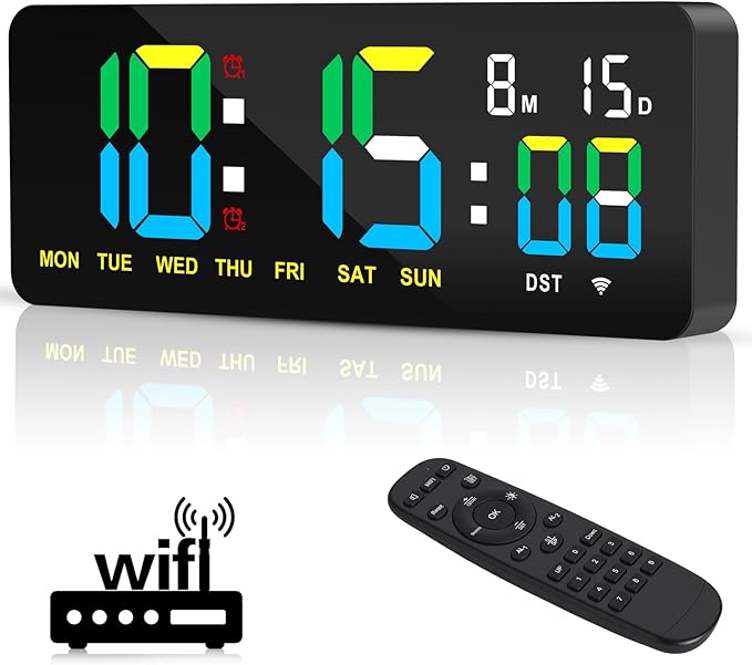 XREXS 12.2 Inch Digital Wall Clock WiFi Sync with Remote Control, Large LED Screen with Time/Calendar/Seconds Display, Count Up & Down Timer, 2 Alarm Clock for Home, Office and Classroom