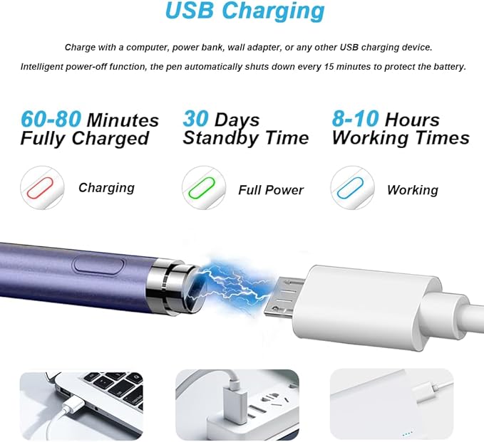 DOGAIN Active Stylus Pen for Touchscreen, iPad Pencil 1.5mm Fine Point Pen, Digital Pens Rechargeable for Tablet, Stylus Pens Compatible with iPad Air/Mini/Pro/Android/iPhone and Most Device - Purple
