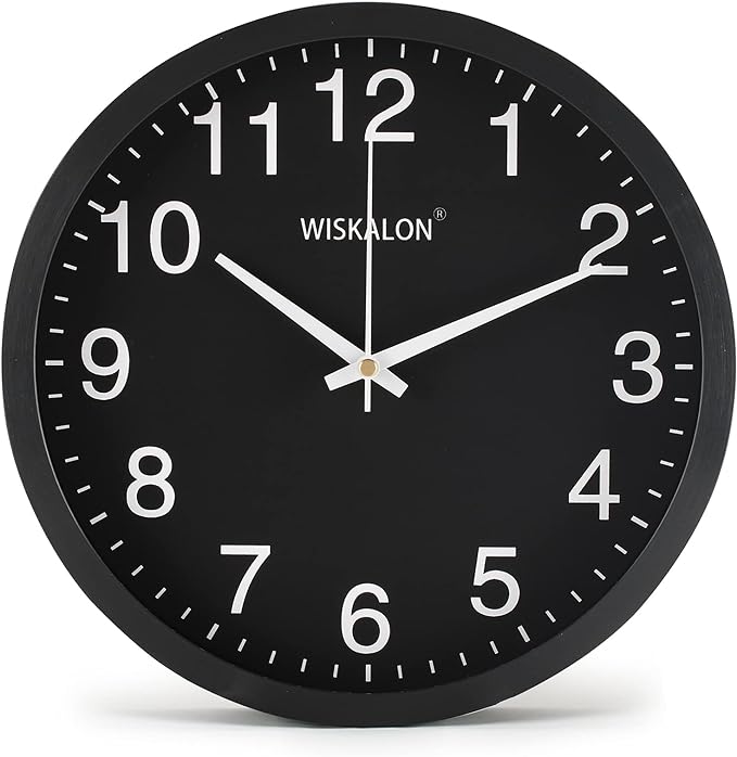 WISKALON 10 inch Wall Clock,Silent Non-Ticking Elegant Black Frame Wall Clock,Classic Digital Wall Clock with Glass,Battery Operated Round Wall Clock,Easy to Read Home/Office/School Black Wall Clock