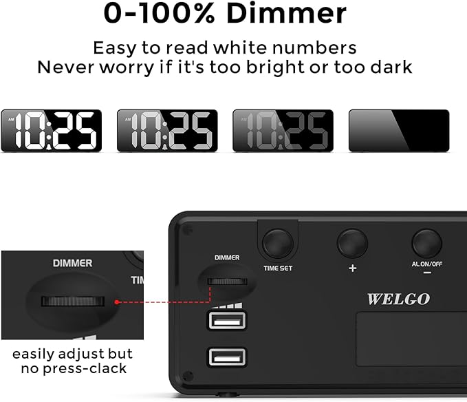 Welgo Senior Friendly Digital Alarm Clock, 7.5 Inches Large Display, Easy to Ues, Fully Range Brightness, Adjustable Volume, Convenient USB Charging Port for Bedside