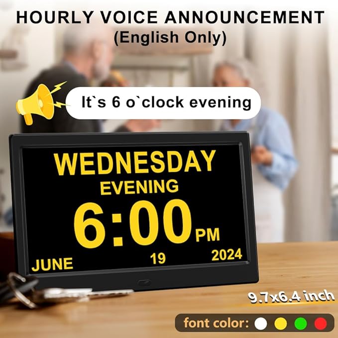 CAZOKASI Extra Large Impaired Vision Digital Alarm Clock with Day and Time for Elderly DST Calendar Clock No Battery Plug-in Power Outage Memory Auto Dimmable Clock (10.1 Inch Black)