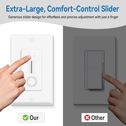 1 Pack Single Pole LED Dimmer Switch - No Neutral Wire Required, Slide Light Dimmer Switch for 150W Max LED/CFL, 600W Max Incandescent/Halogen, ETL Listed, White