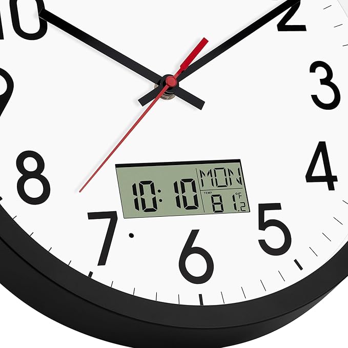 12 Inch Digital Wall Clock with Lighted LCD Display Temp, Week, Switchable Time and Perpetual Calendar, DST Function, Silent Battery Operated Analog Black Clock for Bedroom Office Classroom