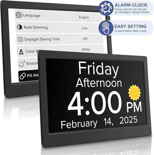 10.1 Inch Digital Alarm Clock with Date and Day of Week for Dementia Seniors, Clear Large Screen, Multiple Alarm Sets, Auto DST, Designed Specifically for Elderly - Black