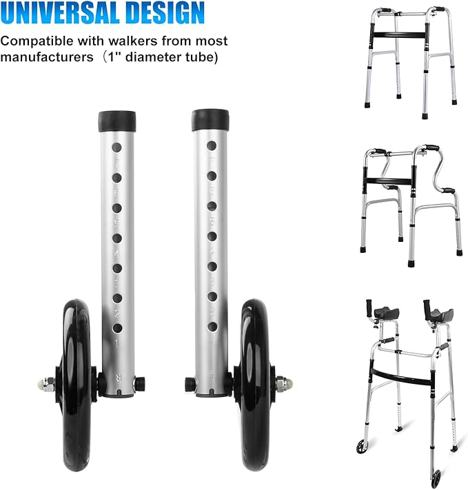 2-Pack Walker Wheels Replacement with Precision Ball Bearings, 6-Inch All-Terrain Wheels for Walkers with Outward-Angled Legs, 7-Level Height Adjustable, 350lbs Heavy Duty, Slip-Resistant Traction