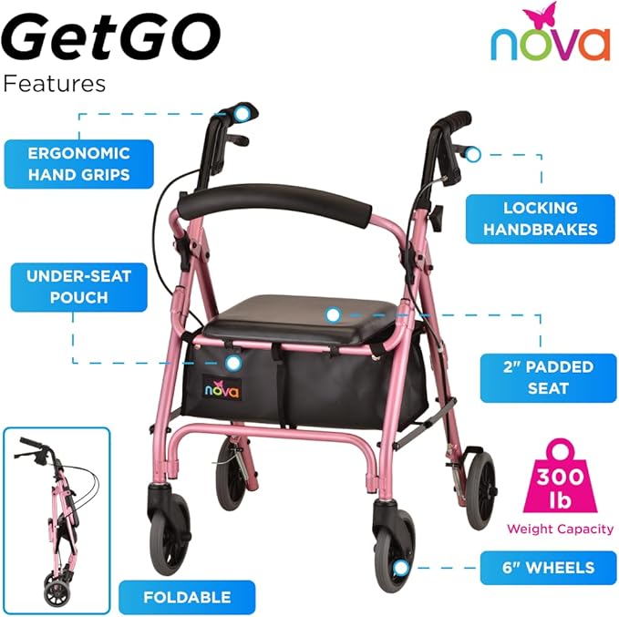 NOVA GetGo Petite Narrow Rollator Walker for Seniors, Lightweight Folding Rolling Walker with Seat, Lock N Load for Easy Transport & Storage, Adjustable Fit 4'10"–5'4", Pink
