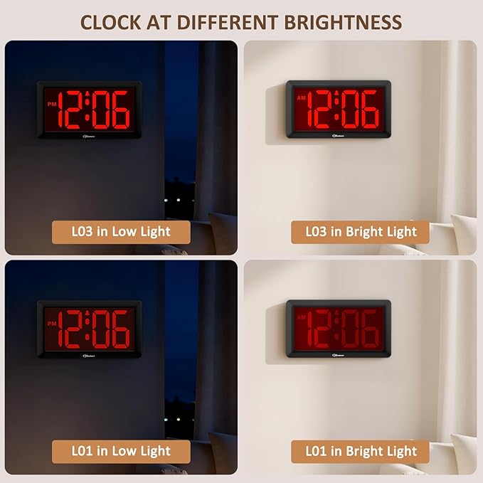 Soobest 9.5 Inch Large Digital Wall Clock Battery Operated, Auto & Manual Dimmer Display, Easy to Read Big Digits with Alarm for Seniors, Modern Decor for Living Room, Bedroom, Office (3.2" Numbers)