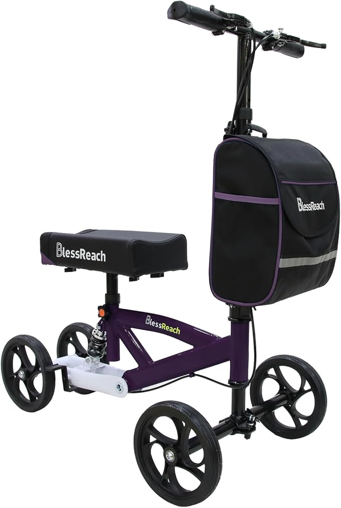 BlessReach Steerable Knee Walker Deluxe Medical Scooter for Foot Injuries Compact Crutches, with Dual Rear on-Wheel Brake and Shock Absorption Under The Knee pad