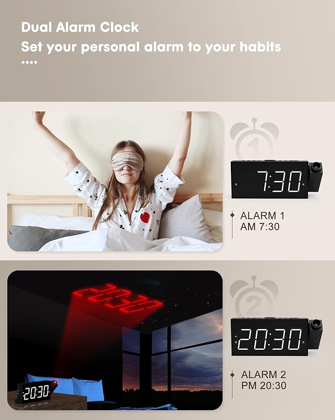 OnLyee Ceiling Projection Alarm Clock, 7" Large Display Digital Clock for Bedroom with USB Charger, 180° Rotatable Projector, Loud Alarm, Snooze, DST, 12/24H Dimmer – for Kids Adults Elders