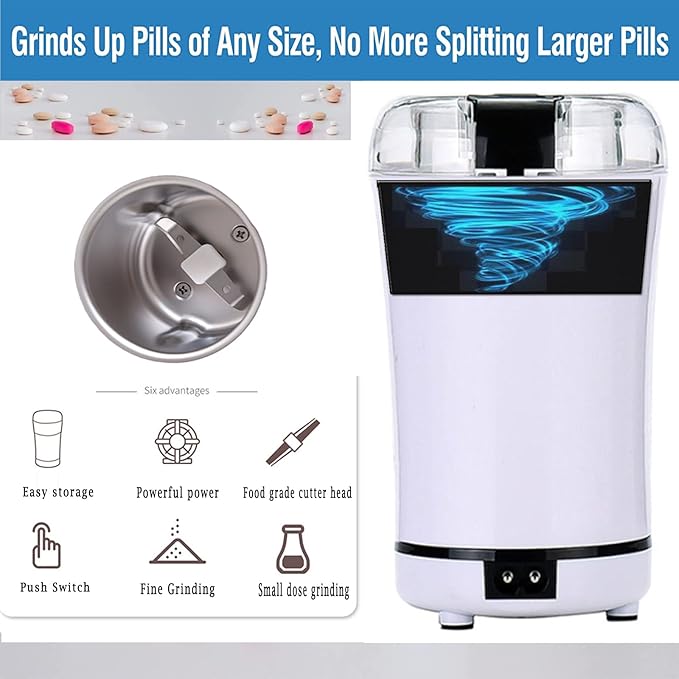 Electric Multifunctional Grinder.Electric Pill Crusher Grinder for Small or Large Pills,to Fine Powder. Pill Crusher Pulverizer Grinder for Elders or Pets. Small Dose Coffee Bean Grinder. (White)