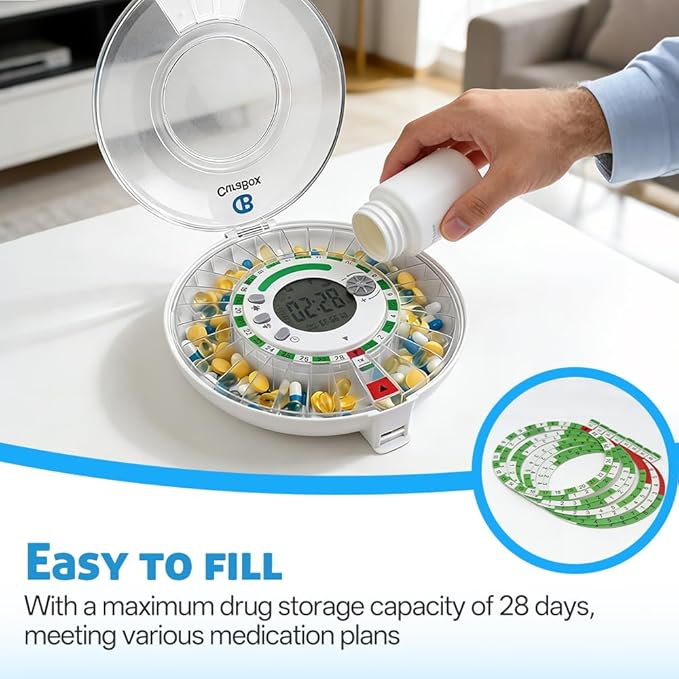 28-Day Automatic Pill Dispenser with Alarm & Light Alerts, Clear LCD Display, Key Lock, Smart Medication Organizer for Seniors, Alzheimer’s Care, for Multiple Vitamins, Supplements or Prescriptions