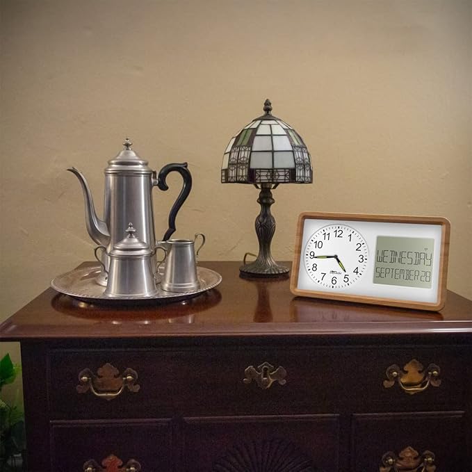 Atomic 10” Clock Combines Analog Time and Digital Display for Day and Date - Battery Powered Soft Display - White with Woodgrain Accent Frame
