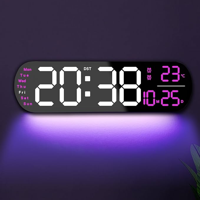 13.7" Large Digital Wall Clock – Remote Control, Dual Alarm, Big LED Display, Auto-Dimming, RGB Night Light, Auto DST – Bedroom, Living Room, Office, Purple